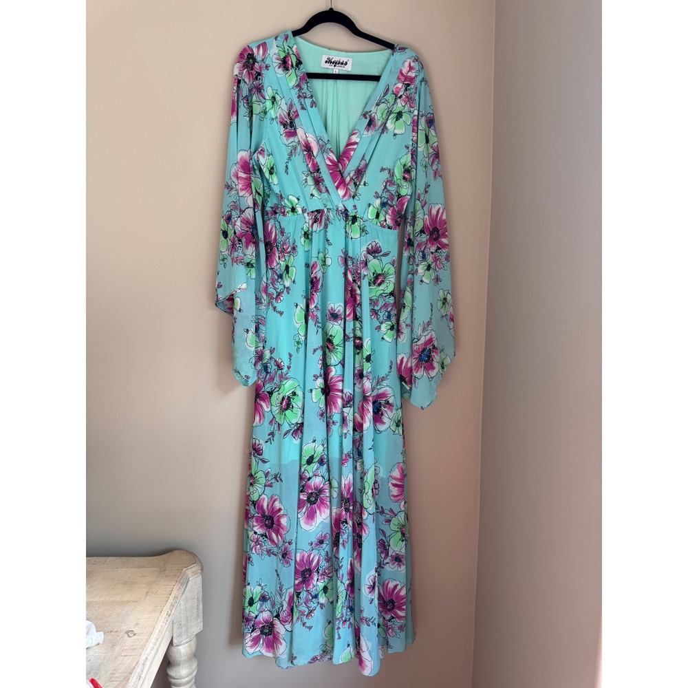 Meghan Fabulous Los Angeles Aqua Floral‎ Maxi Dress Bell Sleeve MEG8352 L